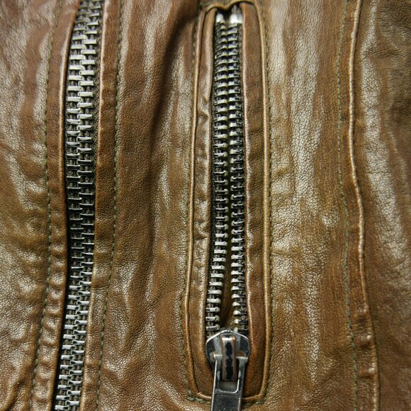 100% Leather Brown Moto Jacket Lined Two Zippered Pockets Adjustable Side Stra - Picture 3 of 7